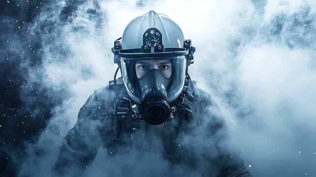 Brave Firefighter in Protective Gear Surrounded by Thick Smoke Ready for Action