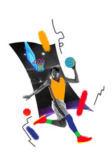 Contemporary art collage. Basketball player dunking with neon highlights, dynamic color contrasts and urban vibes, emphasizing athleticism and power Concept of sport event, championship. Ad