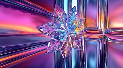 Captivating Ice Crystal with Colorful Reflections Against a Vibrant Background, Showcasing Iridescent Surfaces and Geometric Patterns