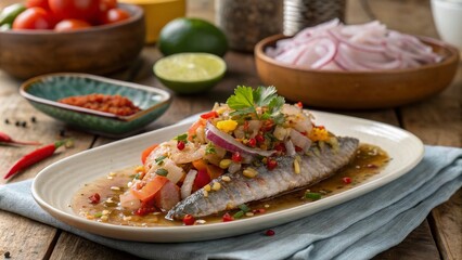 Savory Minced Pickled Fish Dish with Colorful Vegetables and Spices Served on a Rustic Wooden Table for a Flavorful Culinary Experience