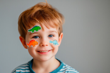 cute little boy with dinosaur stickers on his face