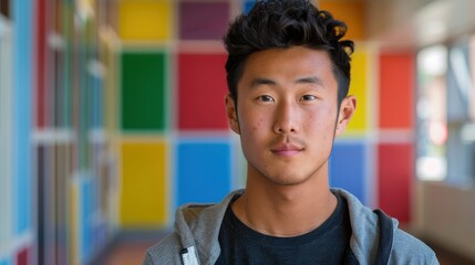 A backdrop of diverse colors accentuates an Asian student's introspective pose, symbolizing his educational milestones