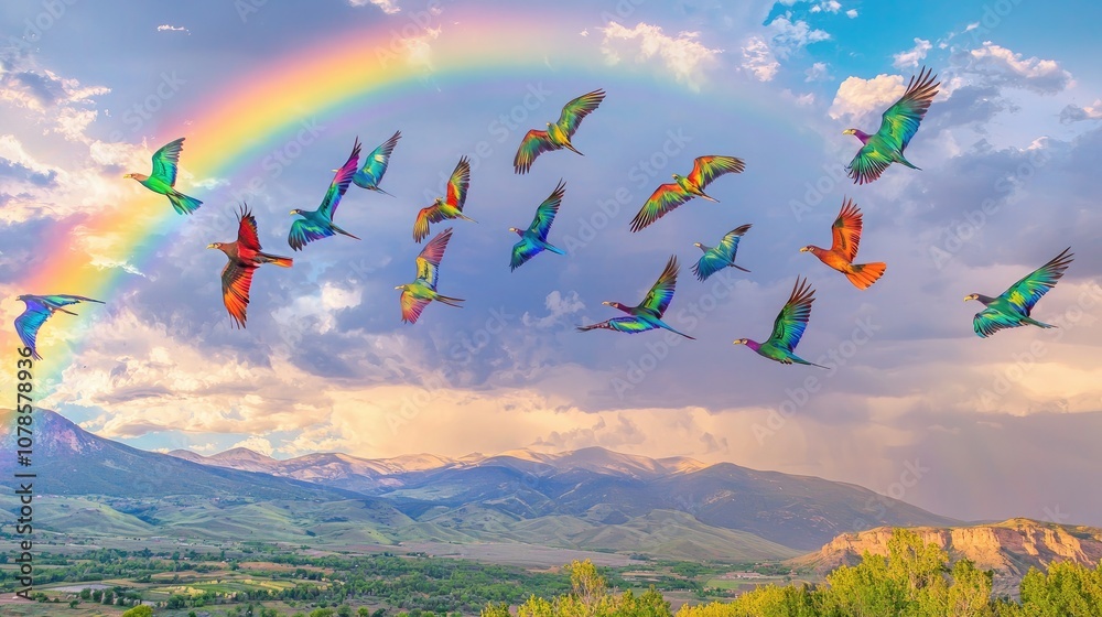 Poster A flock of multi-colored birds soaring through a rainbow sky over a beautiful landscape. 