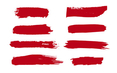 Red brush strokes set, grunge paint. Distress texture banners collection isolated on white background.