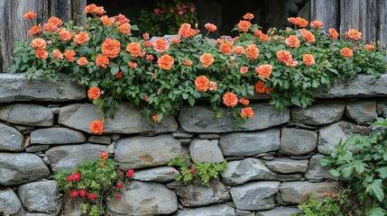 A stone wall adorned with vibrant orange flowers, showcasing nature's beauty in a serene setting.
