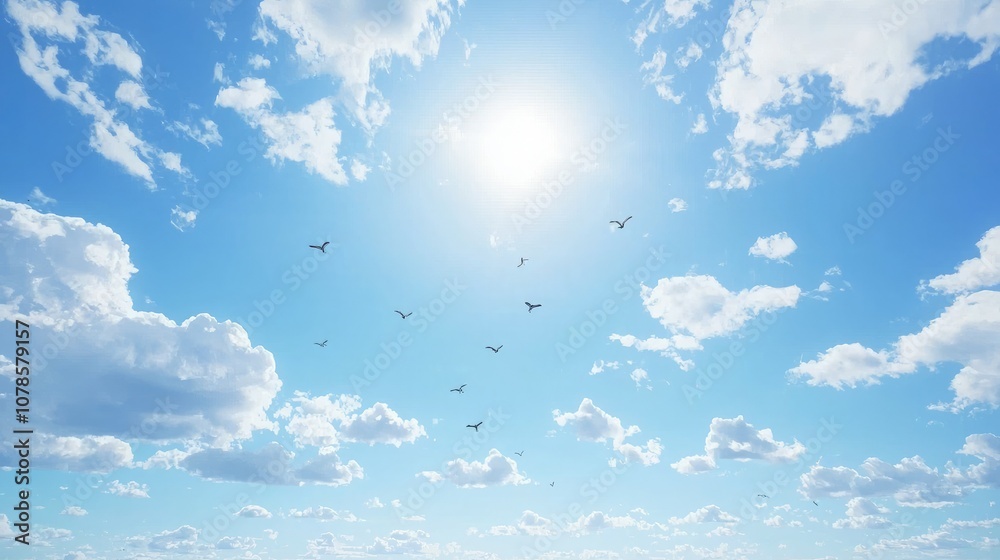 Poster birds flying across a vast blue sky with a few white clouds floating in the distance.