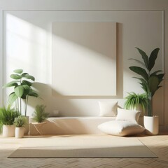Minimalist room interior with simple lines, soft lighting and green plants