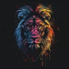 Majestic lion face with multicolored neon highlights on a black background. Digital illustration symbolizing strength and mystery in a modern art style. Generative AI