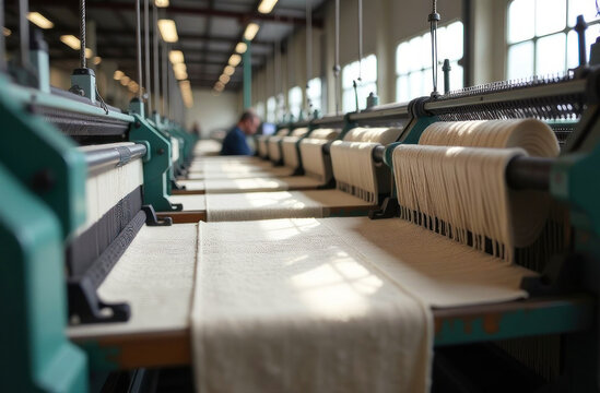 A textile factory buzzes with activity as workers operate weaving machines to produce fabric during daylight hours