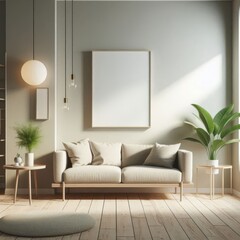 Minimalist room interior with simple lines, soft lighting and green plants