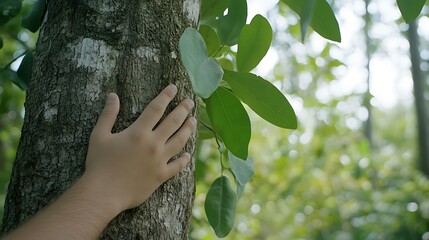 Embracing Nature with a Gentle Touch on a Tree in a Lush Green Forest