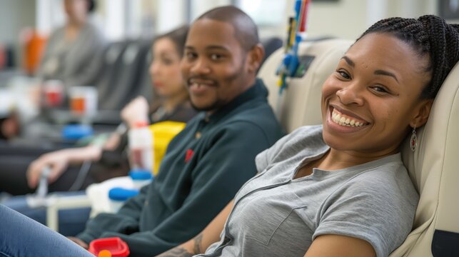 A man donates blood for people in need. Blood donors of the floor sit in the chairs of the clinic during the blood transfusion process. - Powered by Adobe