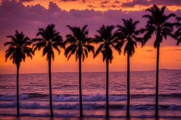 Obraz premium Row of palm trees silhouetted against a golden orange and deep purple sky with ocean waves faintly, Ai Generated