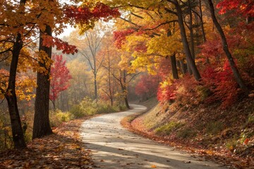 Fototapeta premium Serene Autumnal Path Through a Lush Forest with Vibrant Fall Foliage and Gentle Sunlight Filtering Through Trees in a Peaceful Natural Setting