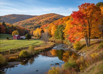 Obraz premium Serene Autumn Landscape in Vermont Featuring Vibrant Foliage and a Calm Stream, Evoking the Tranquility and Beauty of Fall Season in New England's Countryside