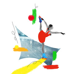 Contemporary art collage. Figure skater in striking pose, surrounded by abstract colorful elements....