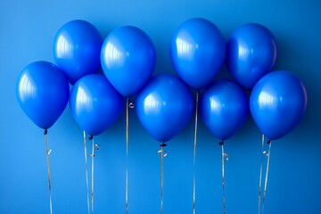 Cluster of shiny blue balloons tied with metallic strings creating a festive playful atmosphere in a minimalist setting for parties and events