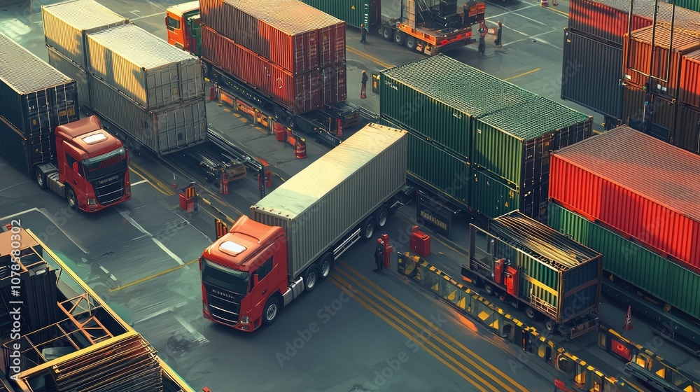 Poster a logistics hub with multiple trucks, shipping containers, and a team of workers.