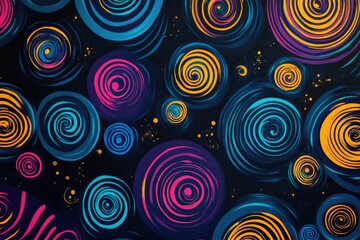 Abstract patterns of swirls and spirals in vibrant neon colors, creating a hypnotic, psychedelic effect