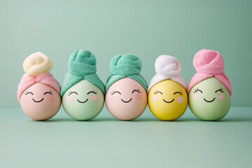 Funny Easter Eggs Towel On Head, Easter holiday concept with cute colorful pastel handmade eggs