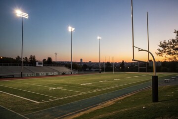 Serene Evening on a Football Field Under Soft Low Light, Capturing the Essence of a Quiet Game Night with Subtle Shadows and Illuminated Goals in an Urban Setting