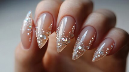 Closeup of a hand with long, stiletto nails decorated with a clear, sparkly design.