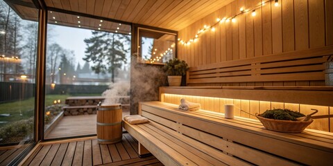 Serene Interior of a Wooden Sauna Cabin Featuring Warm Lighting and Steam, Perfect for Relaxation and Wellness Retreats in a Cozy Natural Setting