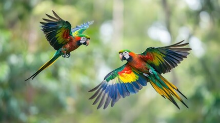 Obraz premium A pair of colorful Australian parrots soaring through the sky above a lush rainforest. 