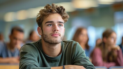 Fototapeta premium A bright and handsome young male student, radiating intelligence and focus, seated in a university classroom