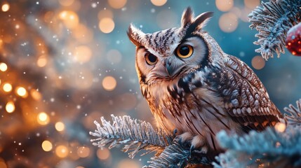 A wise, brown owl with piercing eyes perches on a snowy branch under the watchful moon.