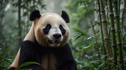 Fototapeta premium A giant panda with a playful expression sits in a bamboo forest.