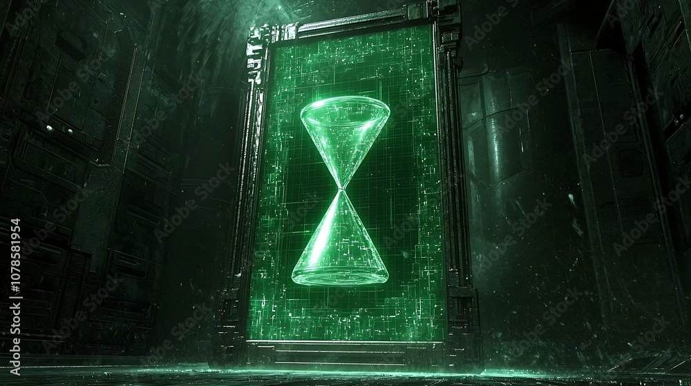 Wall mural futuristic hourglass display in a high-tech environment featuring a digital interface, evoking conce
