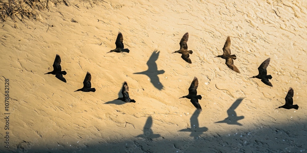 Poster birds flying directly overhead, casting shadows on the ground below as they pass.