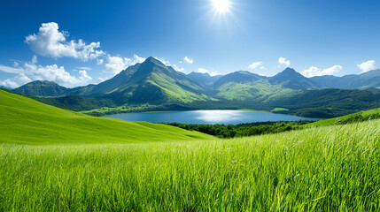 Fototapeta premium Landscape background wallpaper Lush green hills surround serene lake, framed by majestic mountains under bright blue sky. vibrant landscape evokes sense of tranquility and natural beauty