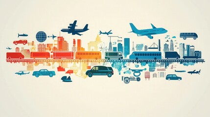 Naklejka premium An abstract transportation background featuring icons of cars, planes, and trains in a modern design. 