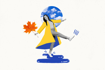 Kick puddle splashes funky girl collage of young lady good mood hold maple leaf advertise...