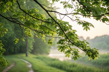 Serene Long Exposure of Green Tree Branches Against a Softly Blurred Background for Nature Lovers and Outdoor Enthusiasts