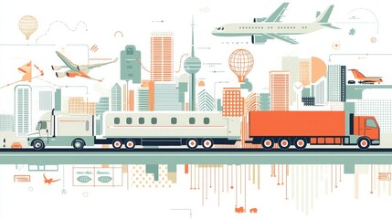 A transportation vector illustration showcasing cars, trucks, and planes in clean, modern lines 