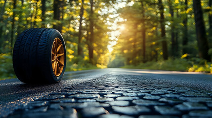 Fototapeta premium Forest Road with Tire and Sun Rays Photo