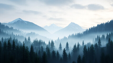 Obraz premium Landscape background wallpaper Majestic mountain slopes rise above misty forest, creating serene landscape under cloudy sky. tranquil atmosphere invites reflection and peace