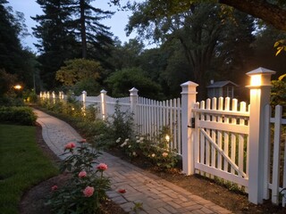 Serene Low Light Photography of a White Picket Fence Surrounded by Lush Greenery at Dusk, Capturing the Tranquility of a Quiet Neighborhood Setting