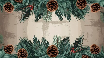 Naklejka premium Vintage Christmas Garland with Pine Cones and Red Berries on Beige Background