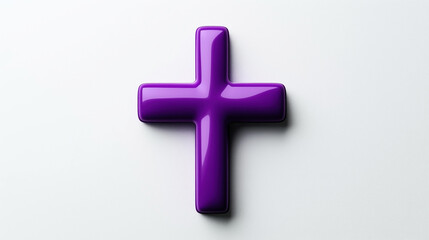 Obraz premium Glossy purple cross symbol on a light gray background with a reflective surface, showcasing a modern and minimalistic design.