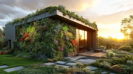 urban rooftop gardening, Modern Rooftop Garden with Vertical Walls and Sunset