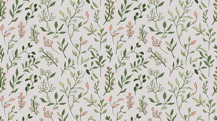 Hand-Drawn Botanical Pattern with Green Leaves and Berries on White Background