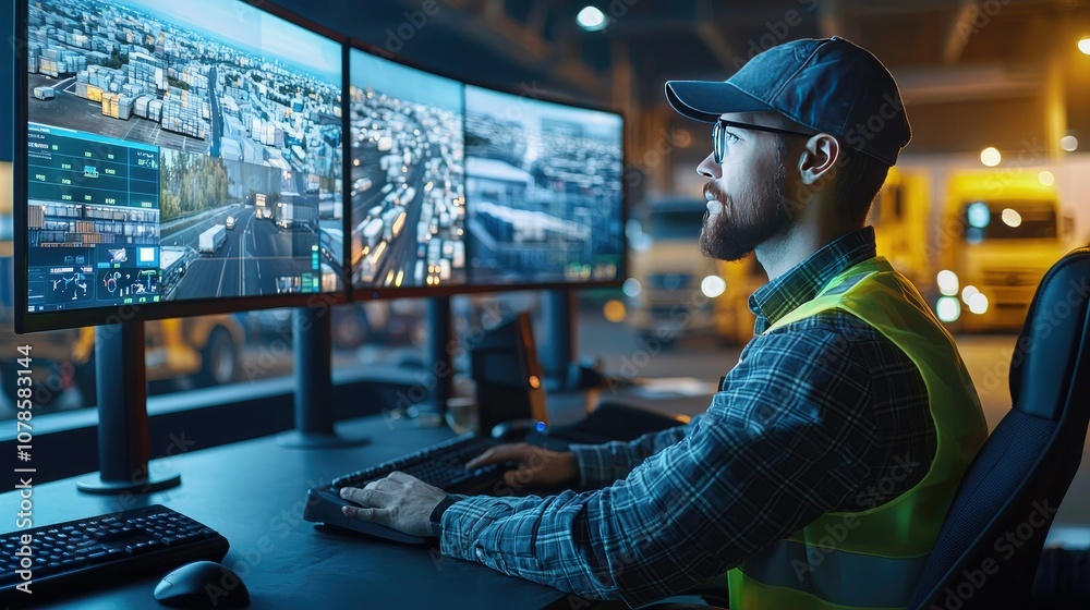 Poster A logistics control center with multiple screens displaying transportation data and vehicle tracking. 
