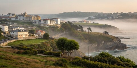 Obraz premium Serene Misty View of Ribadeo: Captivating Landscape Photography Capturing the Enchantment of a Coastal Town Shrouded in Fog, Perfect for Nature Lovers and Travel Enthusiasts