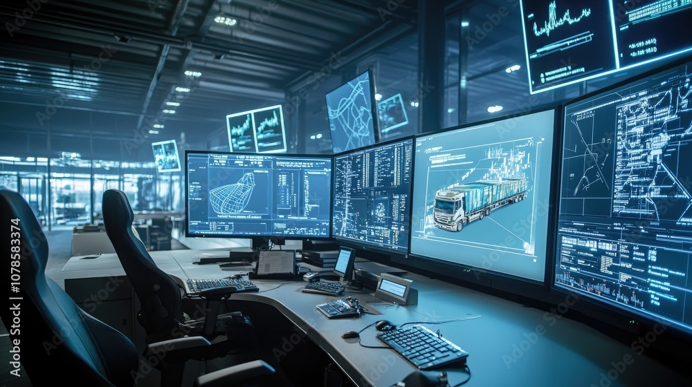 Poster A logistics control center with multiple screens displaying transportation data and vehicle tracking. 