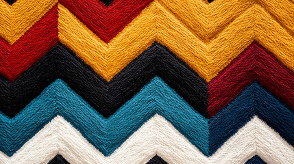 Abstract background Vibrant zigzag pattern in bold contrasting colors, featuring red, yellow, black, and blue tones, creating dynamic visual texture