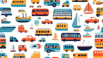 Naklejka premium A seamless transportation vector pattern with colorful vehicles such as buses, trucks, and boats. 